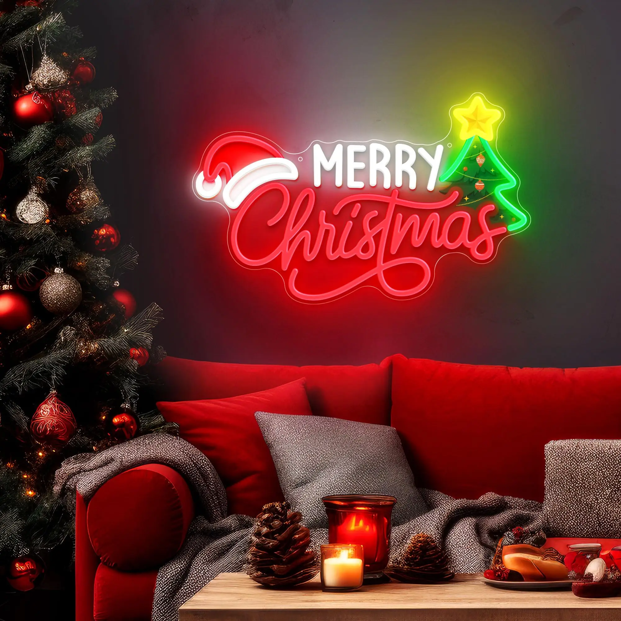 Merry Christmas Neon Sign for Wall Decor, Christmas Tree Neon Signs Vibrant LED Neon Light up Sign for Party Decor USB Powered