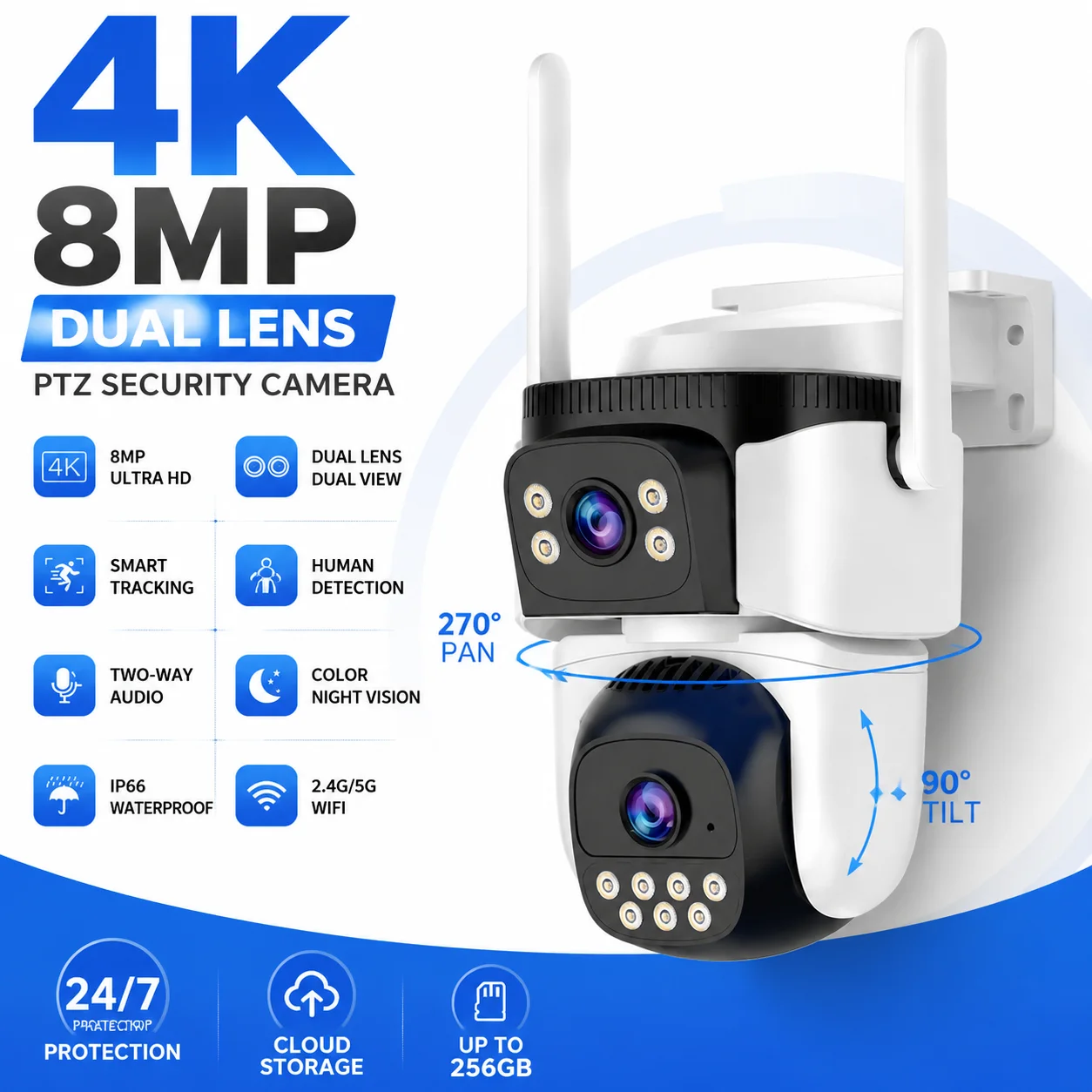 8MP 4K Dual Lens PTZ Security Camera Outdoor WiFi Camera Dual Screen Display AI Human Detection Auto Tracking CCTV Surveillance