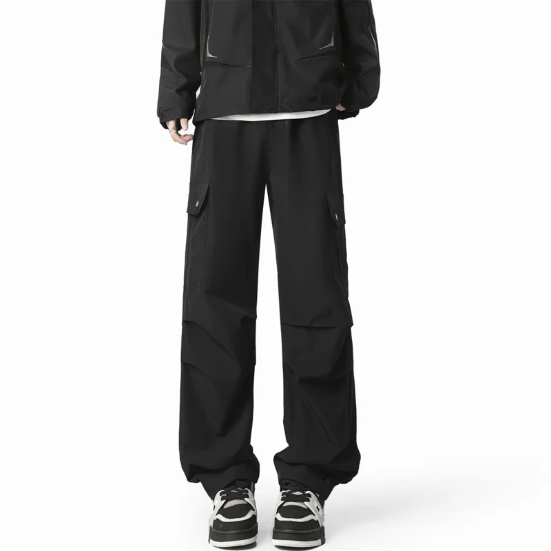 Black Casual Pants Men Fashion Retro Pocket Cargo Pants Men Japanese Streetwear Hip-hop Loose Straight Pants Mens Trousers