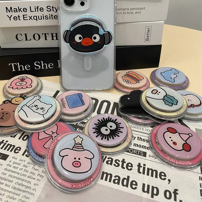 

Korean Cute Cartoon For Magsafe Magnetic Phone Grip Tok Griptok Stand For iPhone 15 Foldable Wireless Charging Case Holder Ring