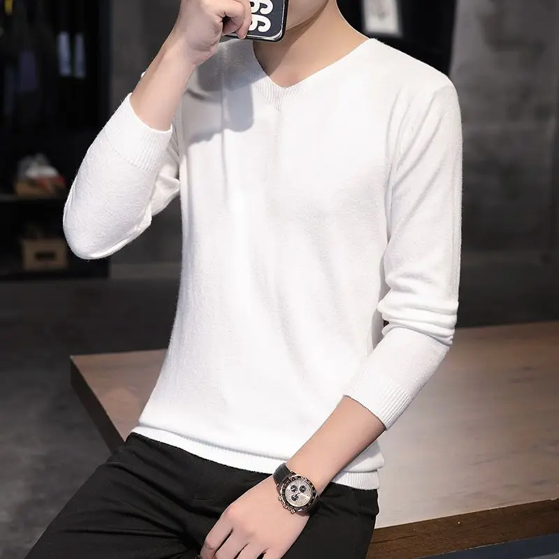 Autumn V-neck Cardigan Men's Slim Fitting Soft Sweater Solid Color Minimalist Thermal Underwear Knitted Shirt Thin Layer Z55