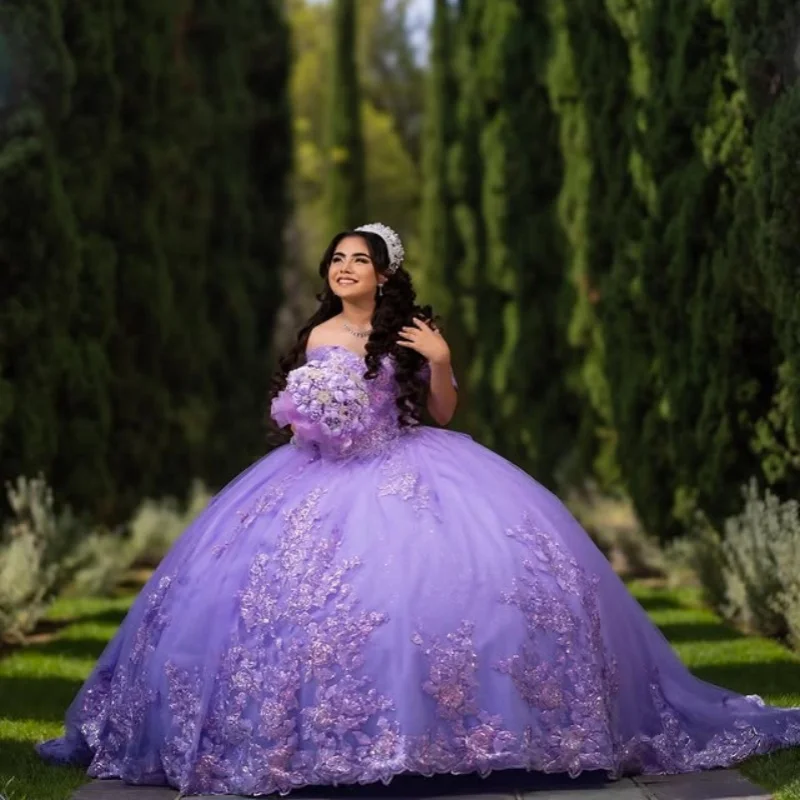 

Customized Shiny Purple Off Shoulder Quinceanera Dress Tull Lace layering glitter applique Bow vestidos de 15 Quinceanera