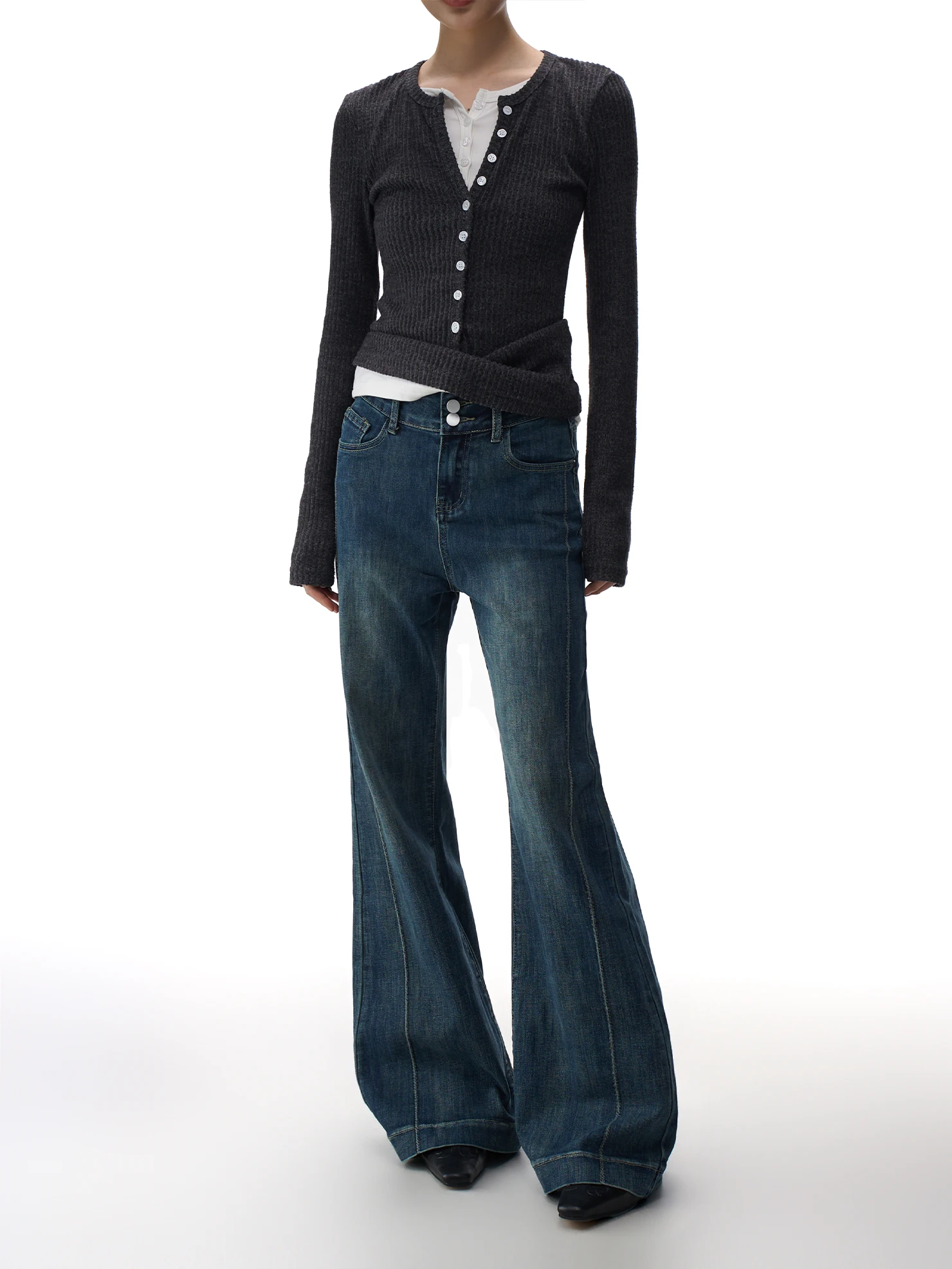 

Американские ретро-джинсы с высокой талией и расклешенными штанинами, женские, весенняя новинка, утягивающие, с двойной пряжкой, струящиеся, микро-клеш