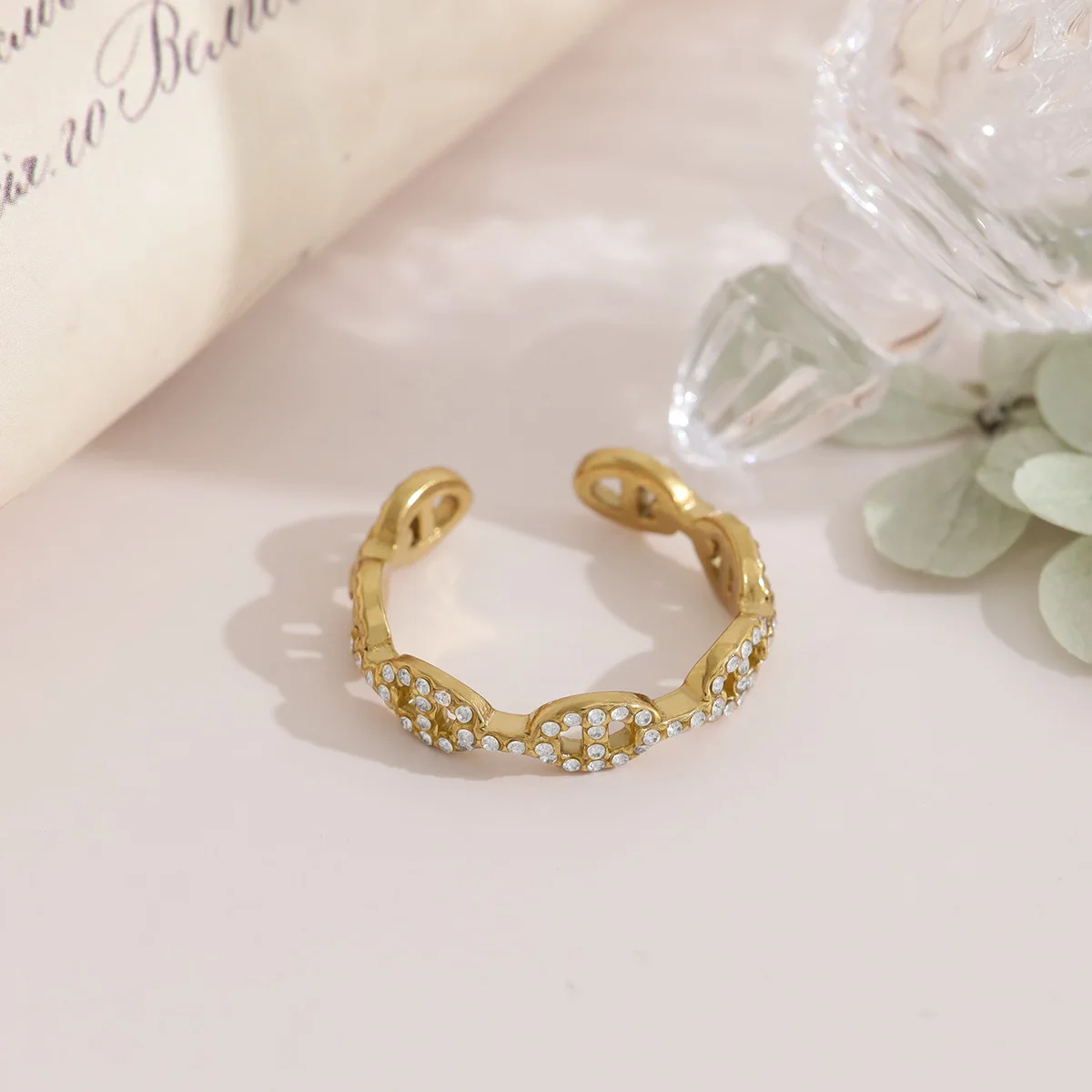 Ars Stainless Steel Open Ring for Women 18K Gold Plated Inlaid Zircon Pig Nose Link Rings Adjustable Ring Waterproof Daily Rings - view 4