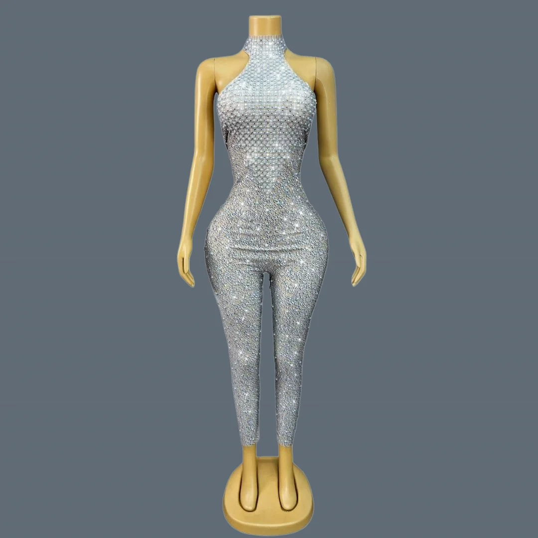 

Sparkly Rhinestones Spandex Elastic Jumpsuit Women Sexy Sleeveless Performance Dance Costume Birthday Club Stage Outfit Jidianku
