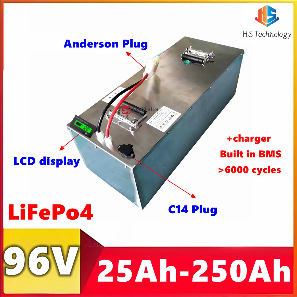 

HS 96V 25Ah 50Ah 70Ah 100Ah 120Ah 150Ah 200Ah 250Ah Lifepo4 Battery with BMS 32S for Electric Cars Motorcycles Tour Bus Van AGV