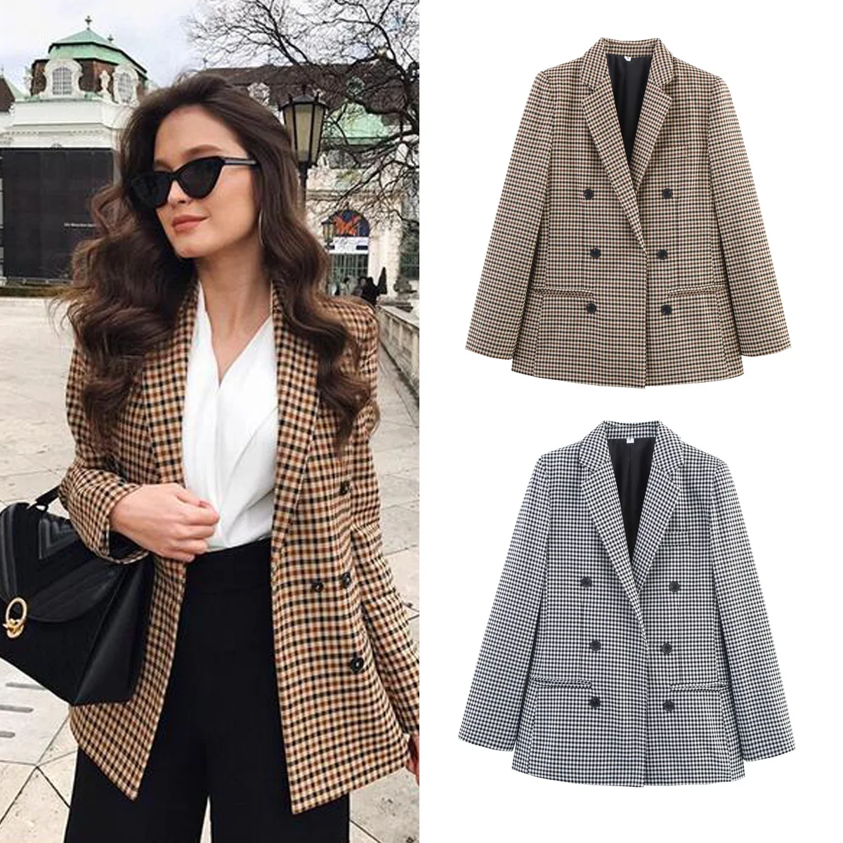

Autumn European Style Checkered Double Breasted Blazer Women's Oversized Vintage Inspired Modern Tailoring Office to Street Wear