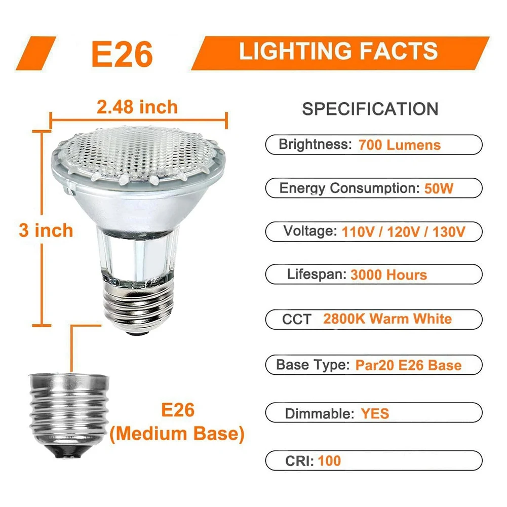 TKOH-6 Pack PAR20 50W Галогенная лампа 120V Высокопроизводительная лампа PAR20 Прожектор для вытяжки для трекового освещения и вытяжки