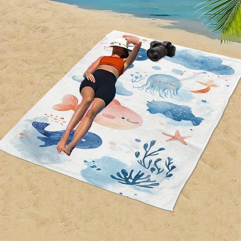 Adorable Marine Life Print Beach Towel - Super Soft Quick-Dry Microfiber, Large Rectangular Bath Towel for s, Vibrant Watercolor