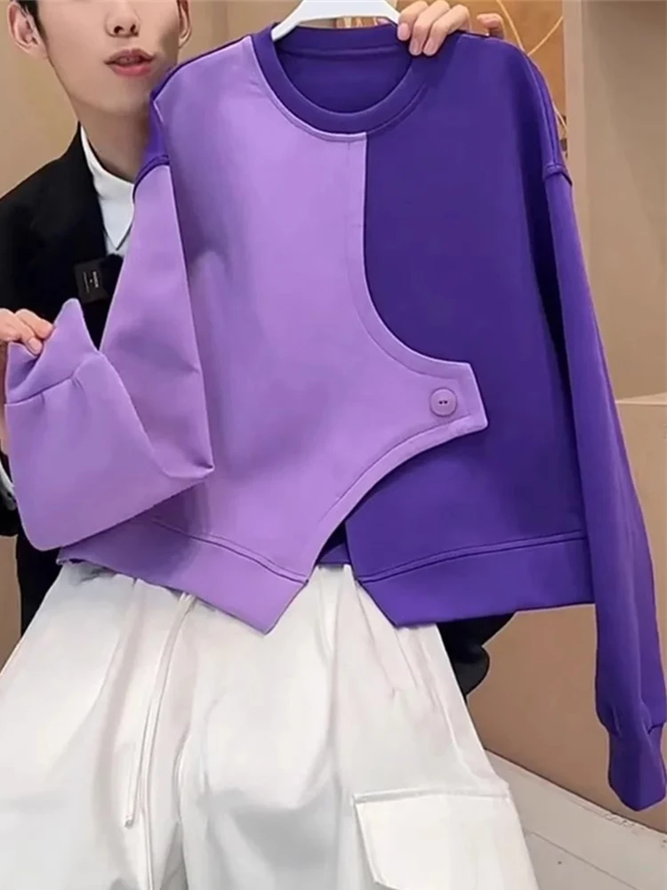 

Свободная женская толстовка в корейском стиле, весенняя, модная, высококачественная, фиолетовая, с контрастными вставками, оверсайз, удобная, с длинным рукавом, с круглым вырезом, свитшот