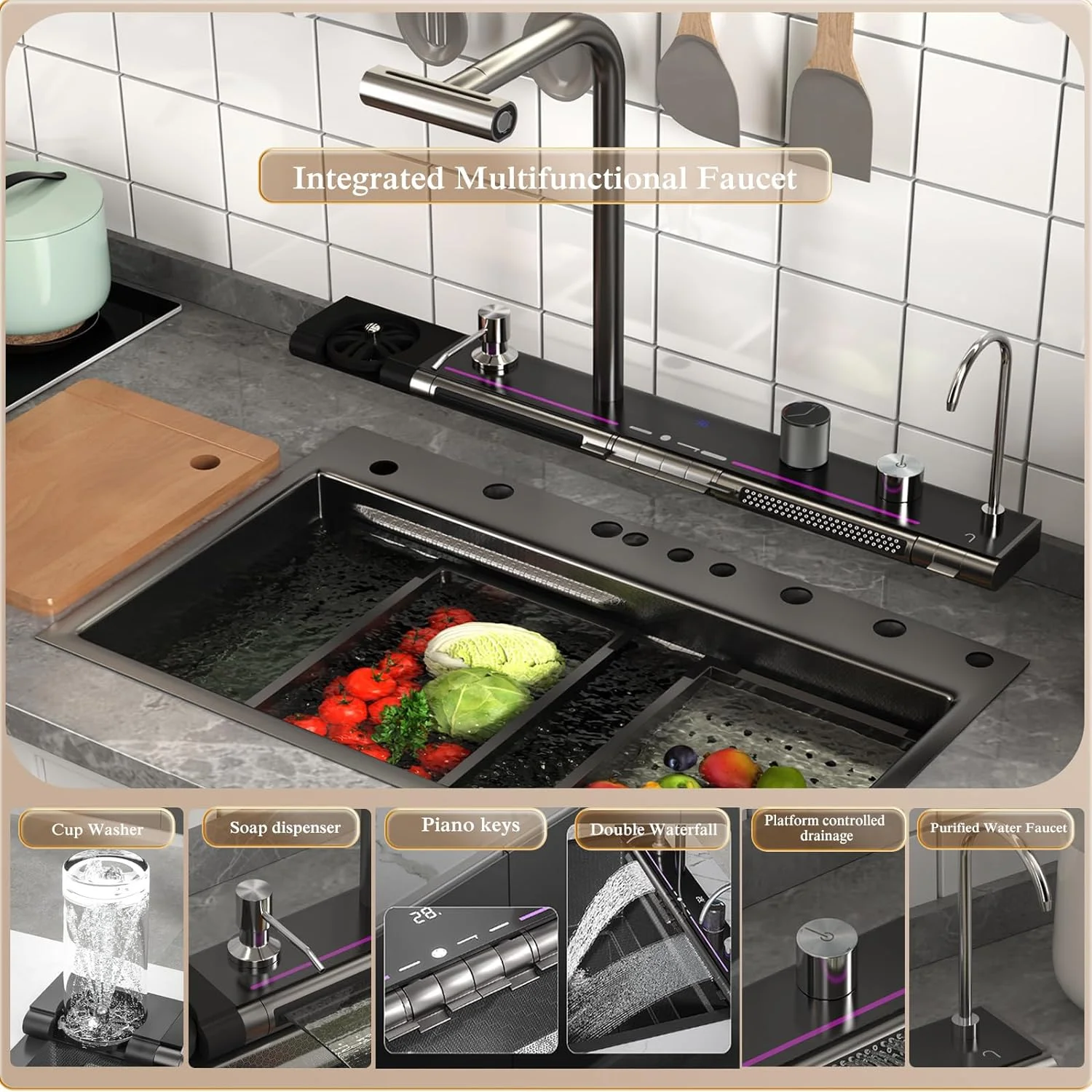 Kitchen Sink Digital Display Embossed Large Single Groove honeycomb Black Nano Raindance Waterfall Sink with Pressurized Cup
