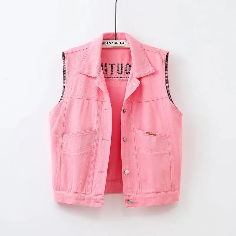 New Colored Denim Vest Women Short Slim Embroidered Sleeveless Jacket Cardigan Tops Spring Pink Jeans Vest Female Waistcoat 5XL