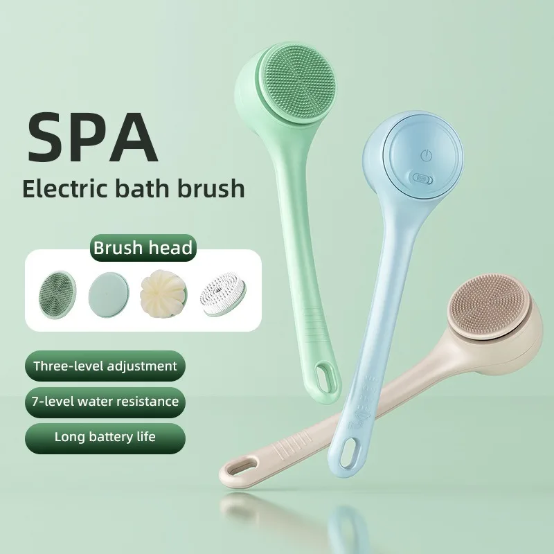 Electric Rotating Bath Brush, 4 Replaceable Brush Heads, Ergonomic Design，Long‑Handle Body Cleanser for Thorough Cleaning