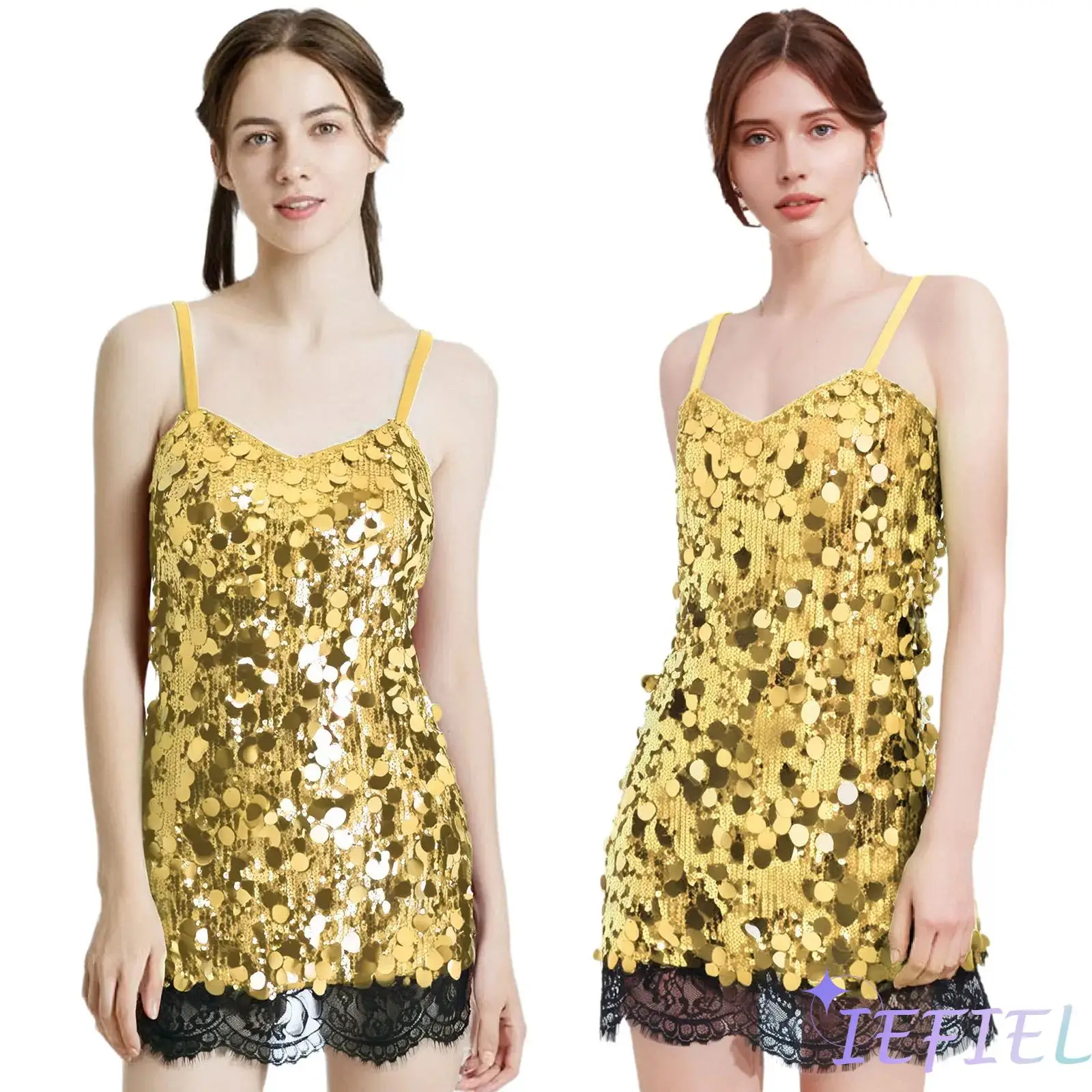 

Women Latin Bodycon Dress Glitter Sequin Spaghetti Strap Backless Lace Trim Leotard Dress for Latin Jazz Samba Dance Performance