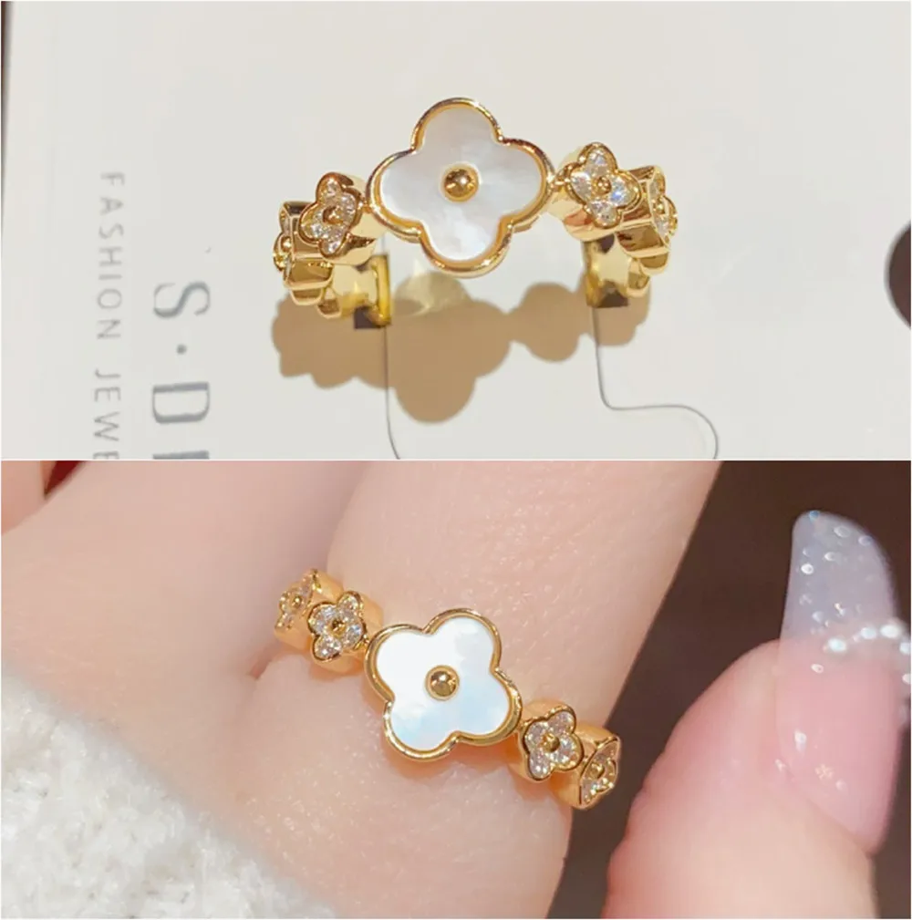

Mother of Pearl 4 Leaves Clover Flower Rings for Women Chic Trendy Sparkling Diamonds Inlaid 14K Gold Sterling Silver 925 Bands