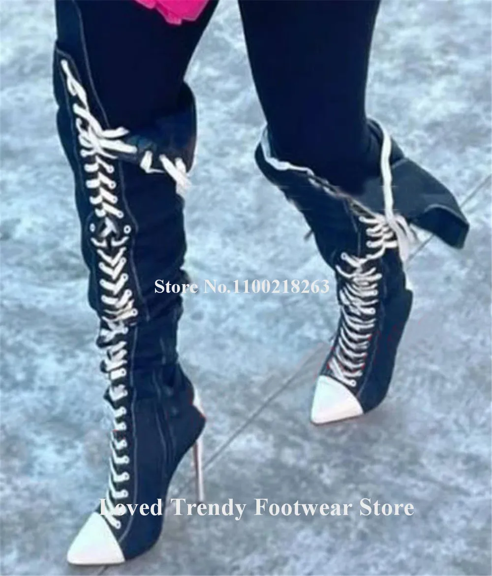 Newest Black-white Patchwotk Stiletto Heel Over Knee Boots Sexy Pointed Toe Lace-up Thin Heel Long Boots Big Size Heels