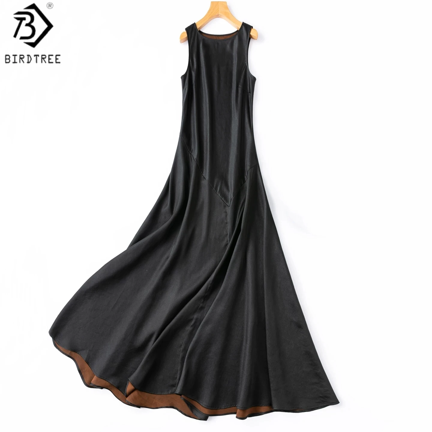 BirdTree, 26MM 93% Silk 7% Spandex Dress, Sleeveless O-neck, Women Xiangyunsha Vest Dresses, Bias-cut, 2026 Summer New D65517JF
