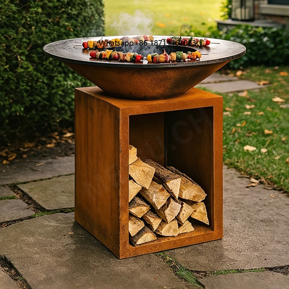 Weathering Steel Barbeque Grill Outdoor Charcoal Smoker Fire Grill Corten Steel BBQ with Circle Plancha