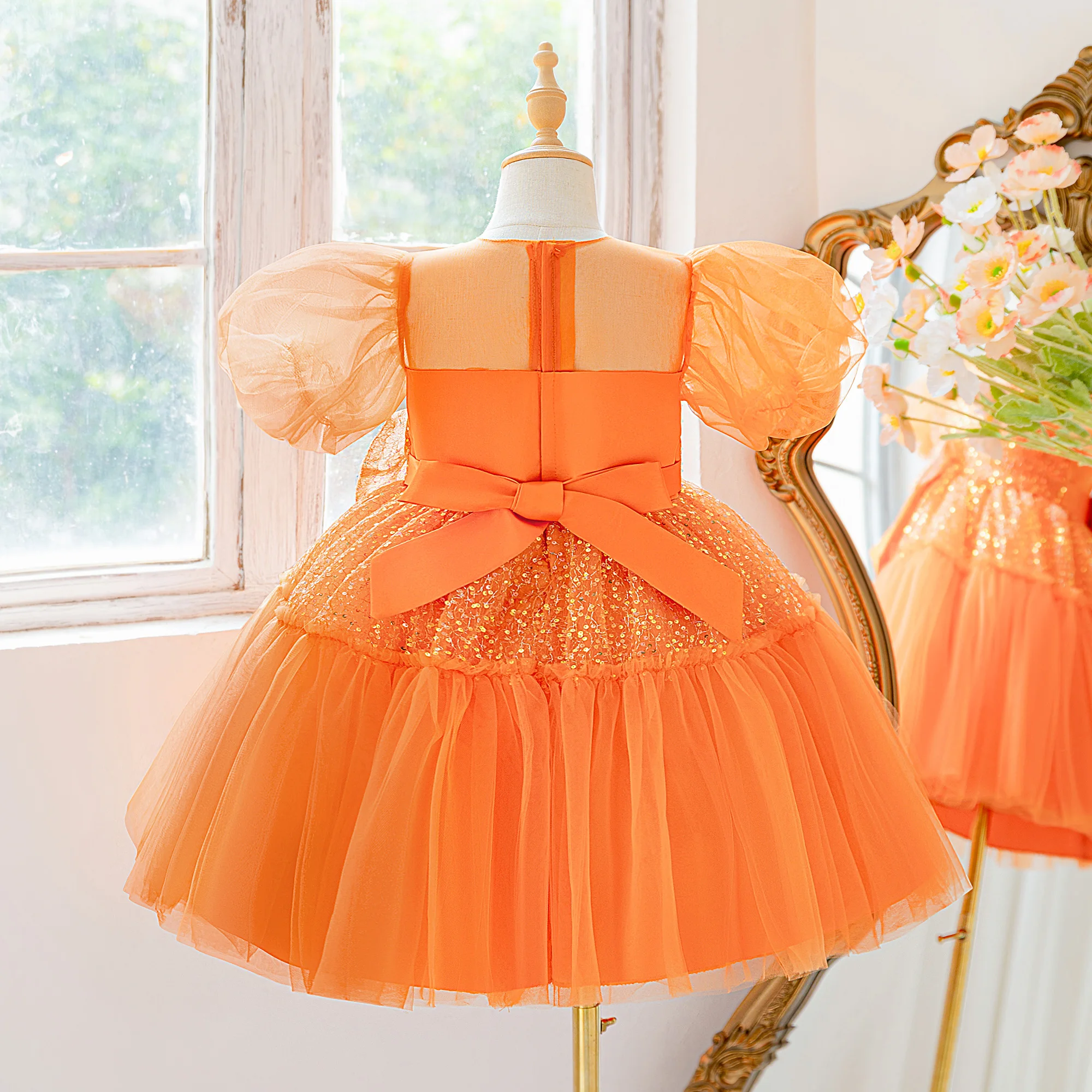 Elegant Sequin Party Girls Dress Puff Sleeve Bow Wedding Bridesmaid Prom Dresses Girl Gala Tulle Birthday Princess Kids Clothing