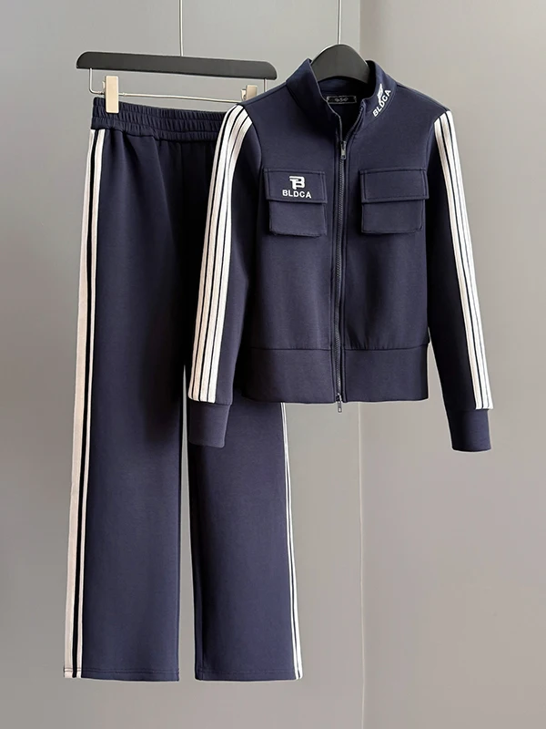 

Cool Sporty Women's Two-Piece Set Winter Outerwear Top And Wide Leg Pants Casual Sportswear Brand La La Shang Zipper Closure