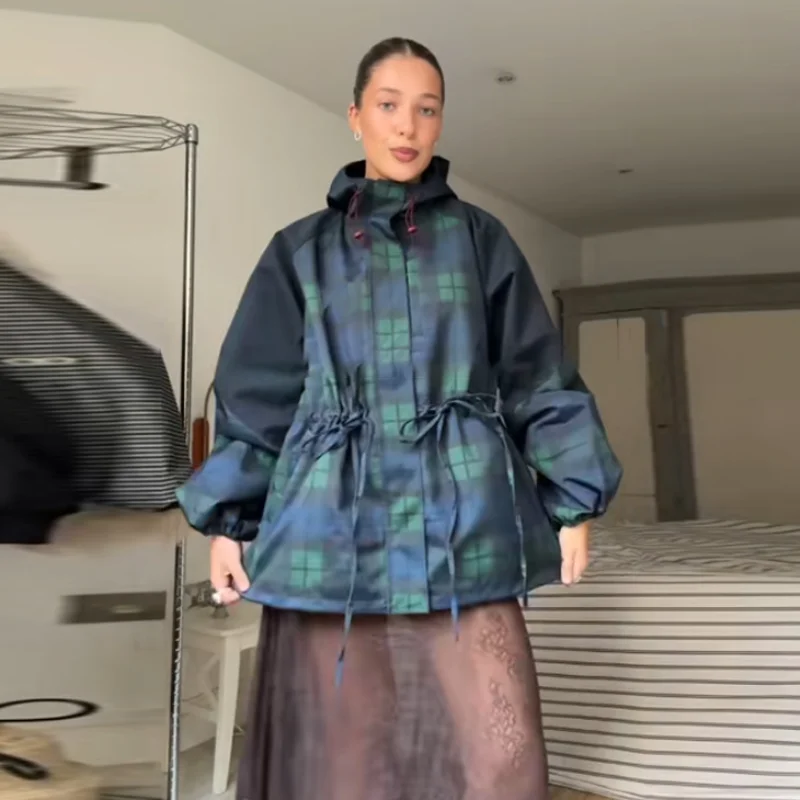 الرجعية العصرية منقوشة سترة فضفاضة عارضة أنيقة مصمم معطف الوقوف طوق هوديي الخريف ملابس خارجية المرأة الشارع ارتداء