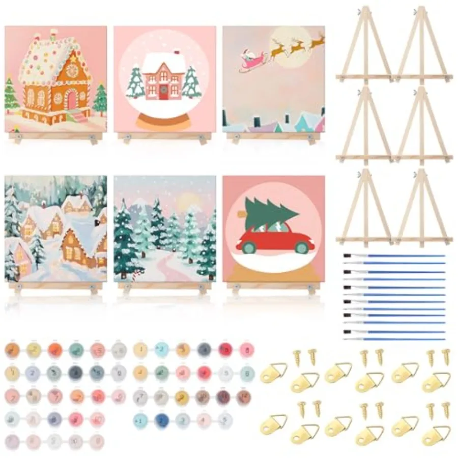 

12 Pack Valentine's Day Paint by Numbers Kit - 8 x 8 Inch Pink Themed DIY Canvas with Wooden Display Easel Brushes and Paints 6