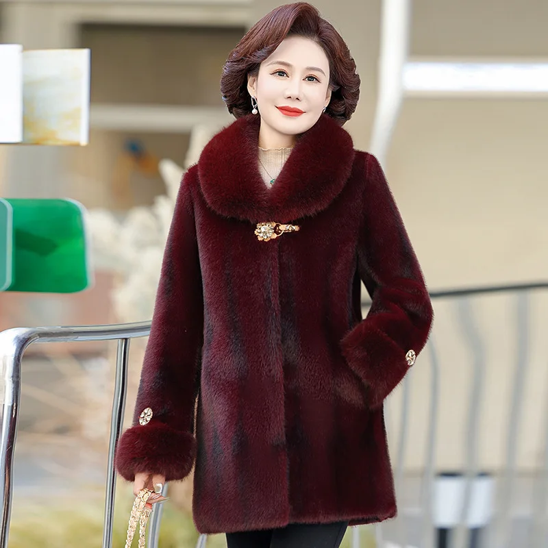 เสื้อโค้ทขนเฟอร์เทียมคุณภาพสูงสำหรับผู้หญิง ฤดูหนาว หนา อุ่น แจ็คเก็ตขนเฟอร์ สำหรับคุณแม่วัยกลางคน เสื้อคลุมยาวปานกลาง เสื้อคลุมตัวนอก