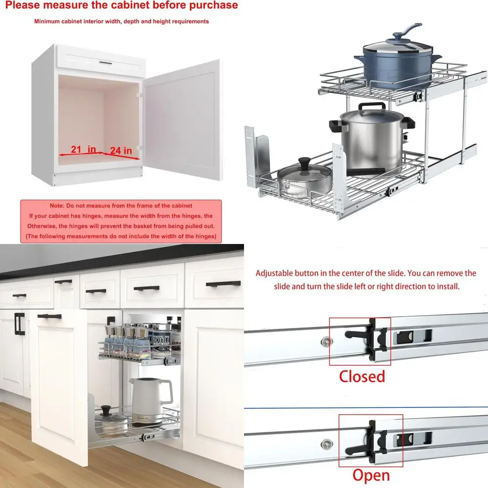 

Металлический выдвижной органайзер для шкафов, 20 дюймов, 2-уровневый, сверхпрочная выдвижная полка для кухонных шкафов, хромированная отделка