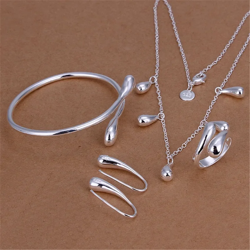 925 Sterling Silver Water drop bangle Bracelet necklace earrings ring women Jewelry set Fashion Party wedding accessories Gifts