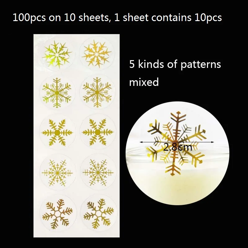 100pcs 2.8cm Gold Snowflake Stickers Clear PVC Sticker Gift Sealing Labels for Christmas Decoration Gift Bags Boxes Seal Label