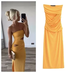 European and American style design one-shoulder tube top slim slit dress female summer French hot girl party hip long skirt