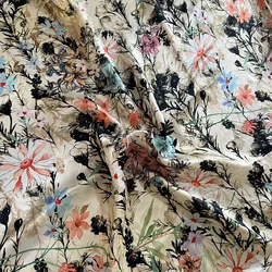 1 meter 100% Mulberry Silk 19 momme Charmeuse Silk Fabric Beige Floral Printed 114cm 44