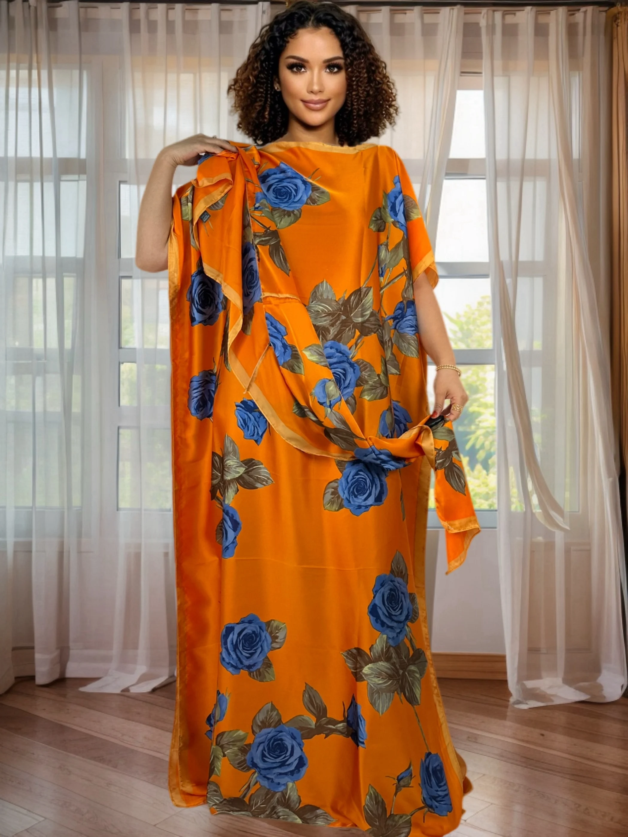 

African Dress Women Clothing Evening Floral Print Evening Maxi Dress with Headscarf