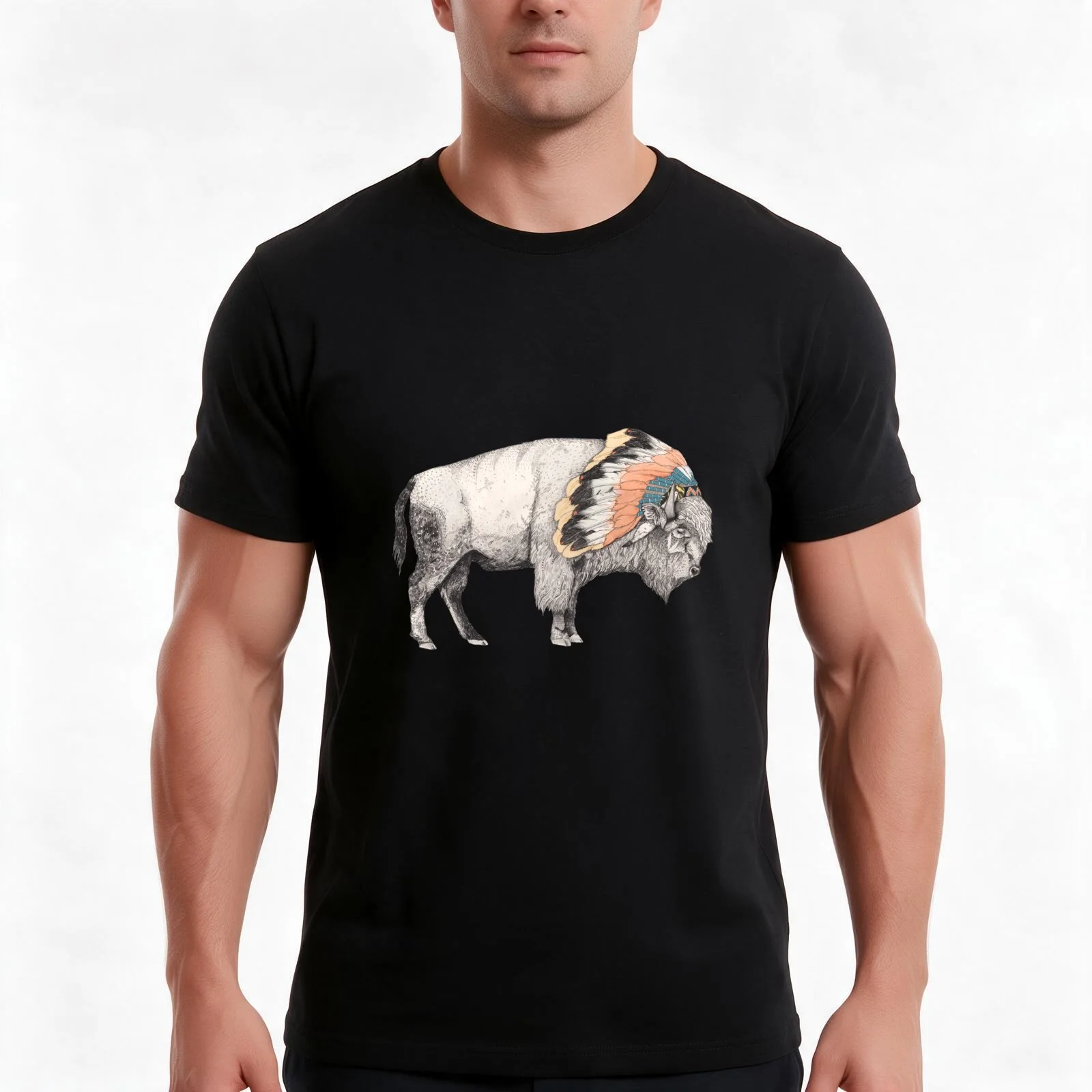 White Bison T-Shirt, Summer Casual Cotton Tee, Oversized Streetwear Tops, Vintage Graphic Print, Loose Fit Short Sleeve