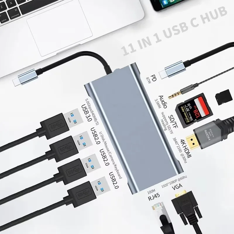 11-in-1 USB-C Hub mit Dual-Video-Ausgang HDMI VGA RJ45 USB3.0 PD 100W Dockingstation für Laptops MacBook Pro