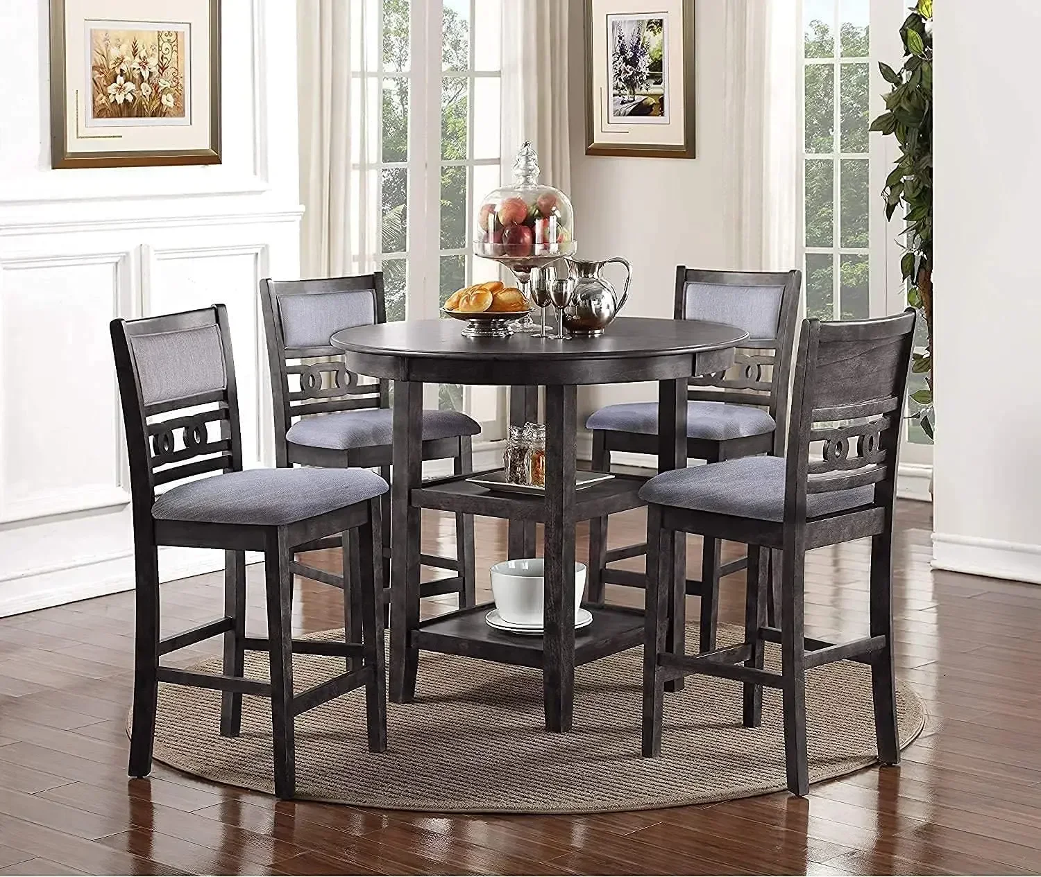 

New Classic Furniture Gia 5-Piece Round Counter Height Set with 1 Dining Table and 4 Chairs, 42.25", Gray