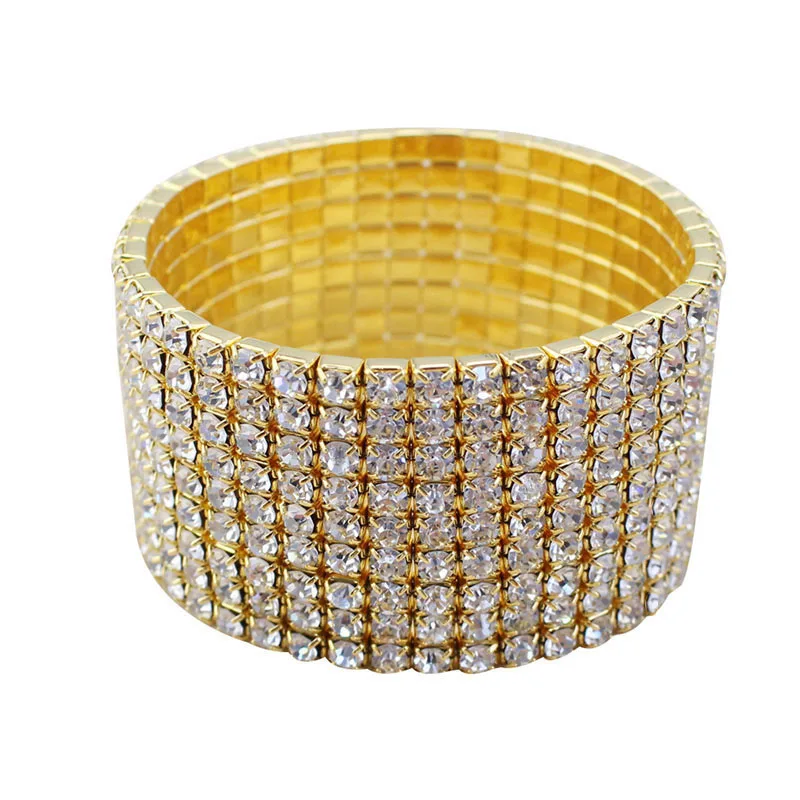 9-Row Rhinestone Stretch Bangle Bracelet Silver Plated and Gold Color Bridal Wedding Crystal Rhinestone Bracelets for Women