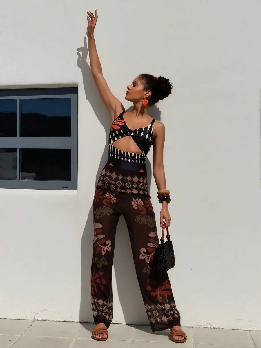 

Cutout Two Piece Swimsuit Set Women Retro Geometric Floral Print Wide Leg Sheer Pants