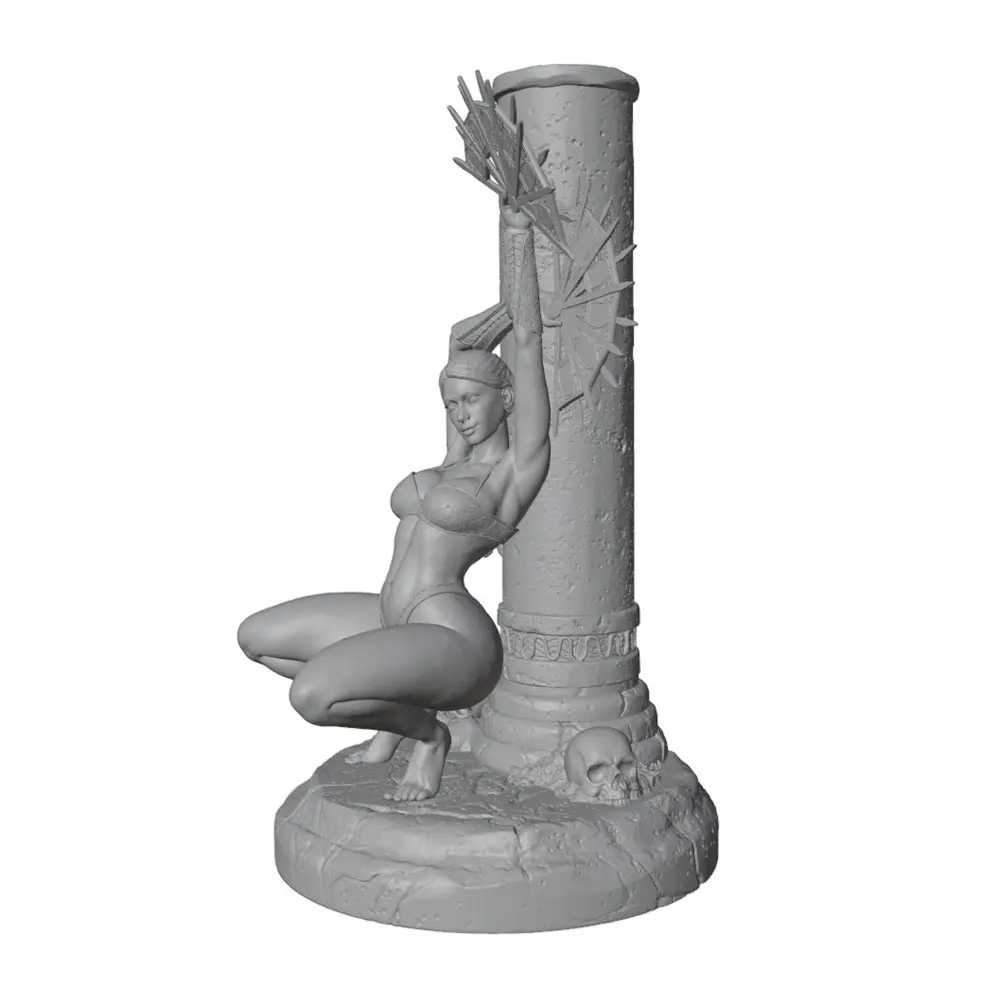 1/24/12/6 Exotic-style ruin stone pillar and female warrior; sexy girl resin model kit; 3D-printed gray model statue; unpainted.
