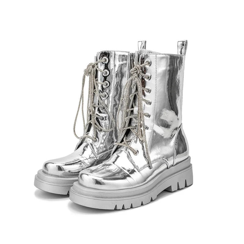 2026 Silver Belt Buckle Cross Strap Rhinestone Short Boots Casual Motorcycle Thick Sole Knight Boot Women Winter Silver Shoes