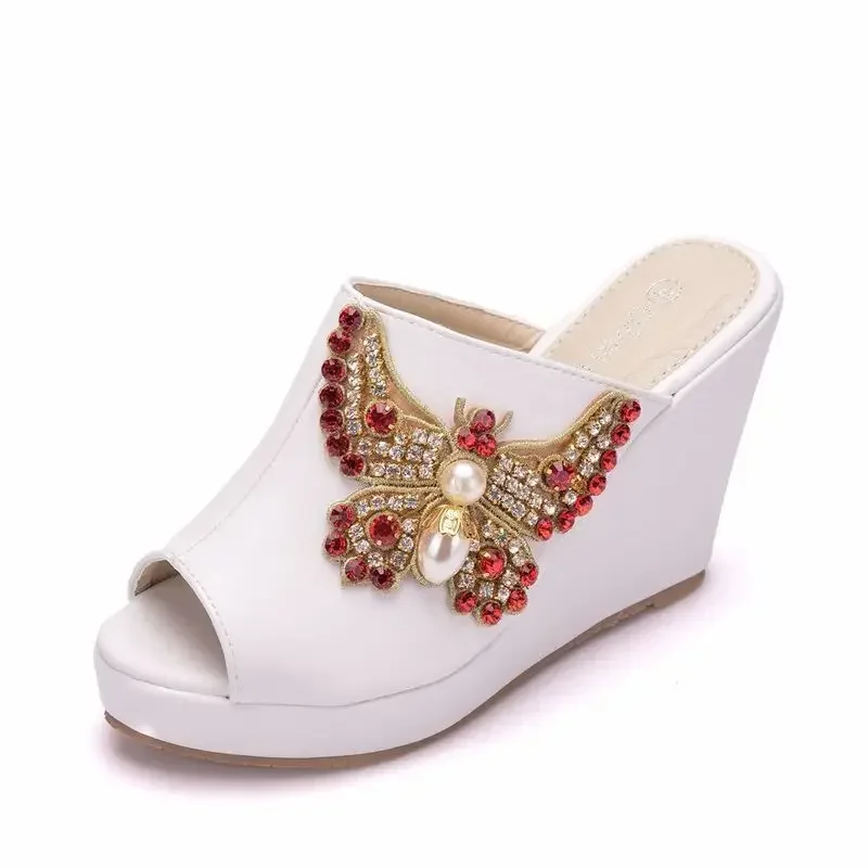 women sandals wedding Party banquet PU Rhinestones Slip On 10CM Wedges High Heels Peep Toe sandal women shoes 2020 size 35-42