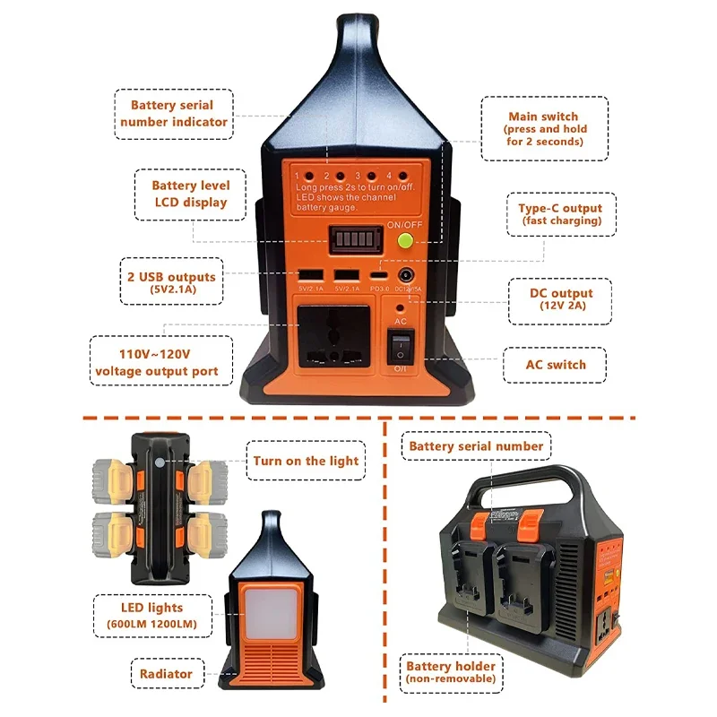 Inverter di potenza a 4 canali da 300W per convertitore Power Bank Makita/DeWalt/Milwaukee/Bosch a AC 110V/220V USB PD3.0 Tpye-C con luce