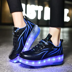 YUNICUS Led Light Boys Girls Shoe USB Charging Black Two Wheels Luminous Sneakers Roller Skate Shoes for Children Kids Led Shoes