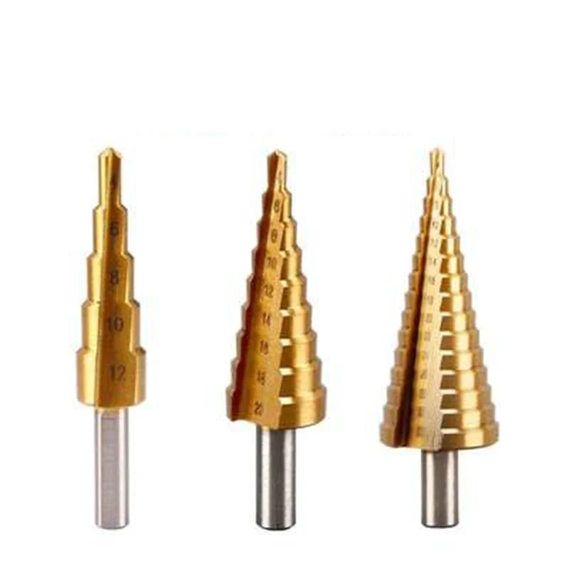 3 unids/set4-32mm broca escalonada con forma de Pagoda recubierta de titanio HSS cono de agujero de vástago triangular