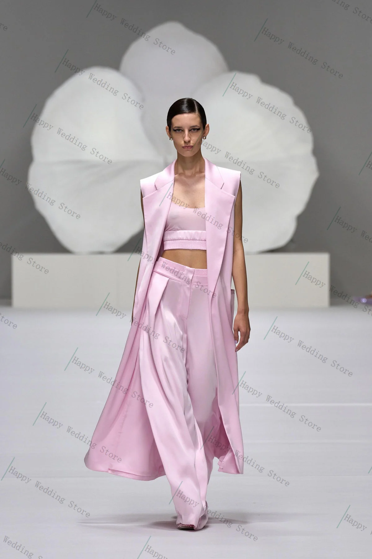 

Pink Women Suit Set 3 Piece Long Vest+Top Bra+Pants Trousers Cotton Sexy Formal Office Lady Customized Wedding Loose Wear