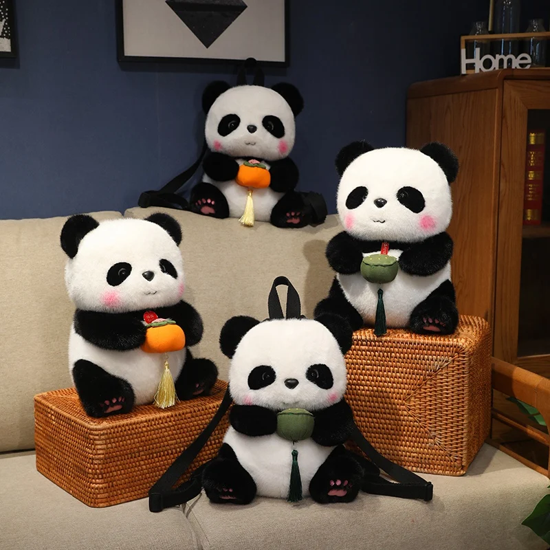 

33cm Creative Cartoon Persimmon Panda Backpack Plush Toy Soft Stuffed Animal Furry Cute Bear for Girls Kids Birthday Gifts Decor