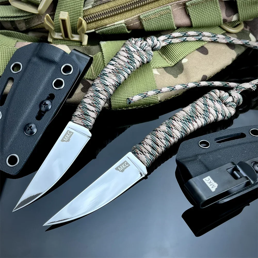 MKC سكين شفرة ثابتة صغيرة مع غمد كيديكس، 440C شفرة حبل نايلون مقبض عسكري للدفاع عن النفس في الهواء الطلق بقاء EDC والعتاد