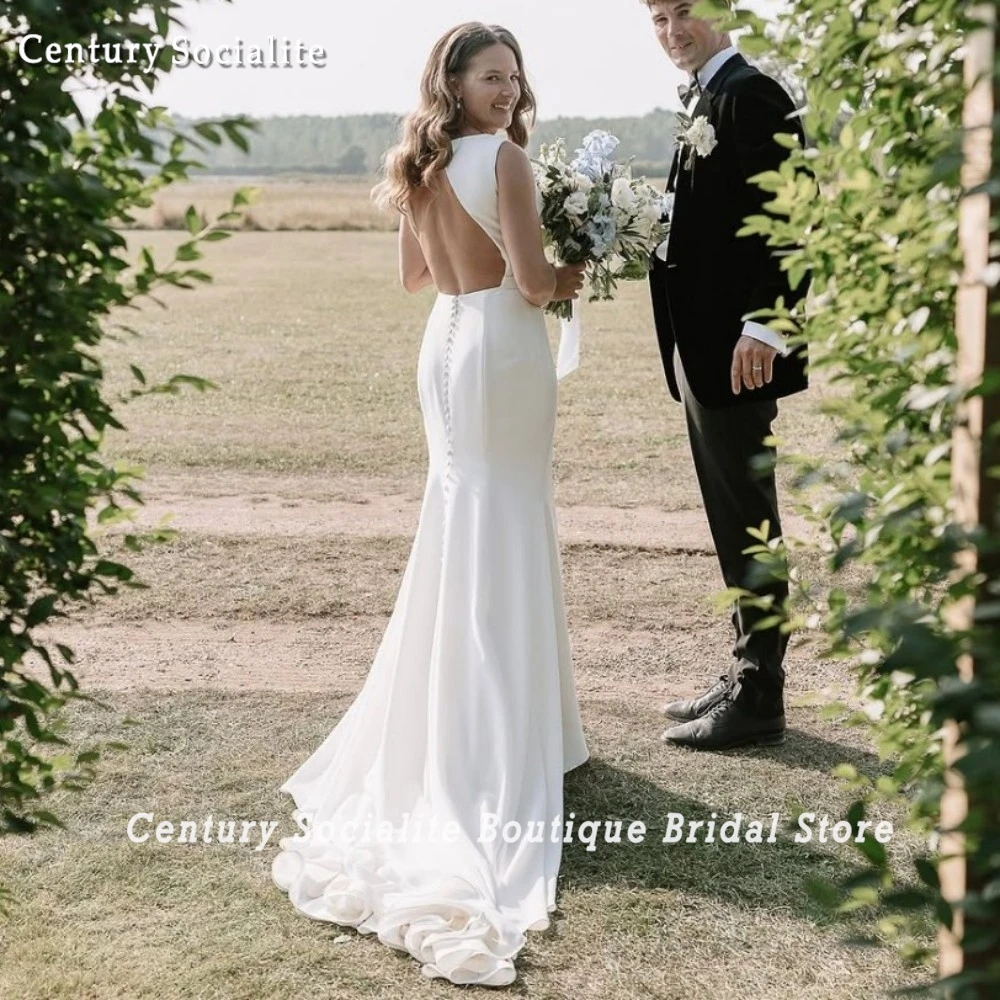 Vestido de Novia Civil de sirena para mujer, vestidos de Novia sencillos de crepé con espalda descubierta y cuello redondo, personalizado, 2025