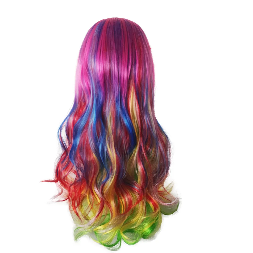 Soowee Synthetic Hair Ombre Rainbow Cosplay Wig with Bangs Red Yellow Purple Green Blue Wigs for Black Women