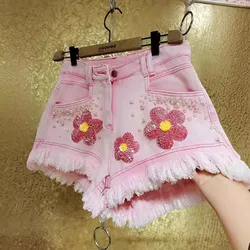 HOUZHOU-pantalones cortos vaqueros para mujer, ropa de calle con lentejuelas rasgada, borlas y cuentas de flores, estilo Hip Hop, color rosa, Y2K, Verano